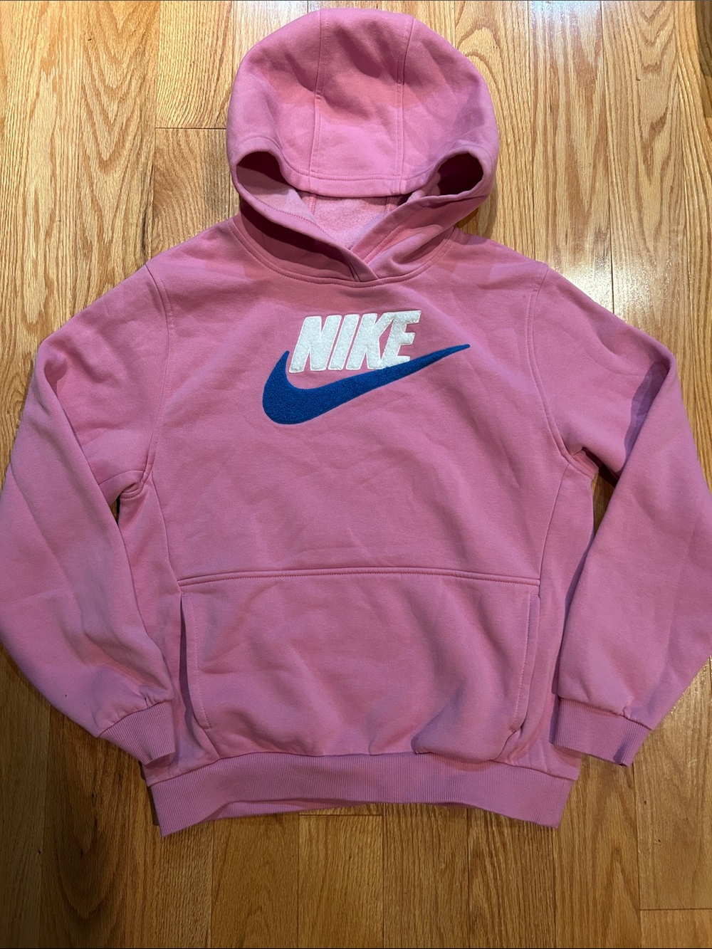 Nike Pink Pullover Hoodie with Blue Swoosh and White NIKE Text